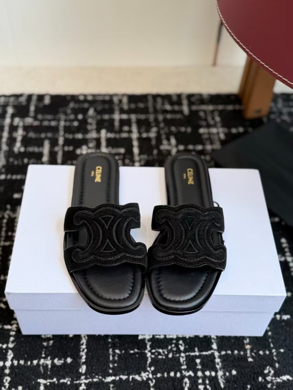 Celine Black Suede Triomphe Cutout Slide Sandals Slip On Flat Sandals